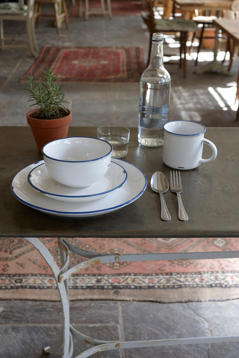 Tinware Dinner Plate with Blue Trim in White