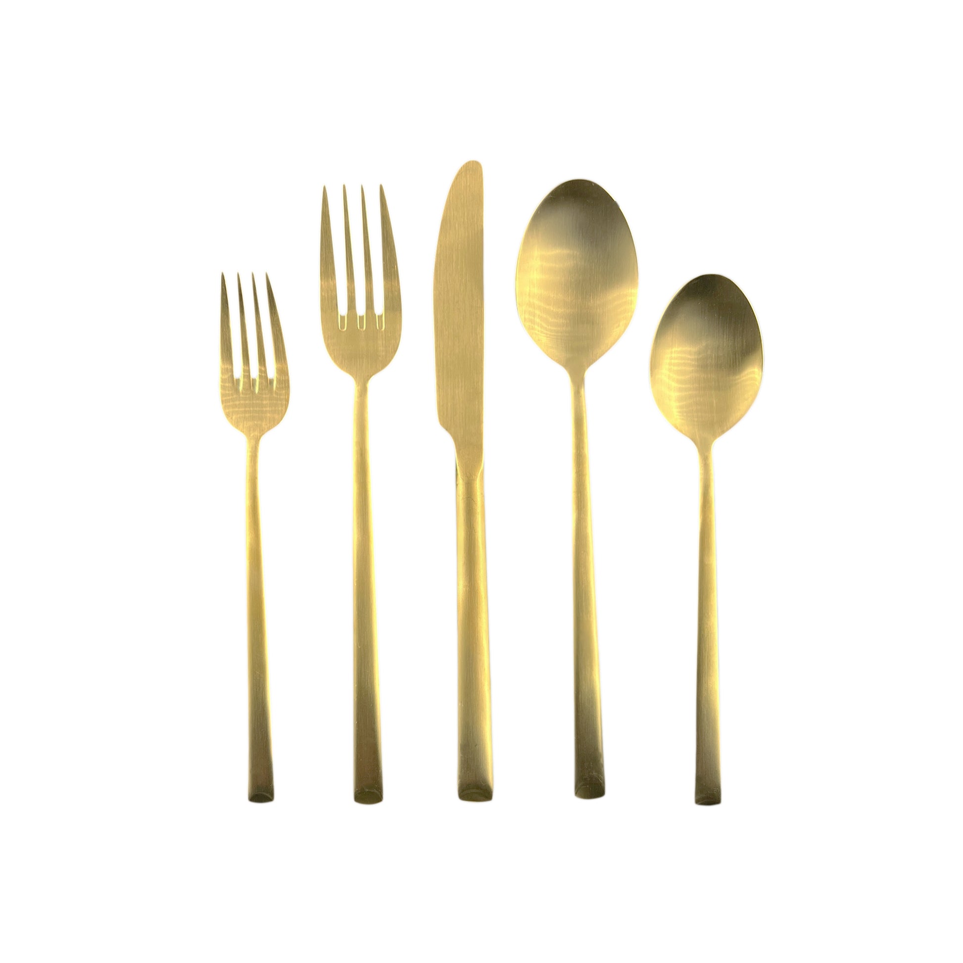 Ellsworth Matte Gold Stainless Steel 5 Piece Cutlery Set - Service for 1 Canvas Home $50-$100, 18/10 Stainless Steel, 5 Piece Flatware Set, 5 Piece Set, Cutlery, Cutlery Sets, Ellsworth, Flatware, Flatware Set, Gold, Matte, Matte Gold, Portugal, Service For 1, Stainless, Stainless Steel