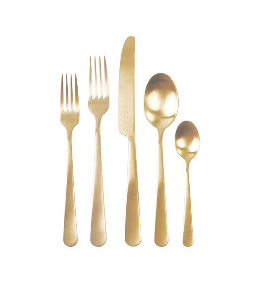 Oslo Matte Gold Stainless Steel 5 Piece Cutlery Set - Service for 1 Canvas Home $50-$100, 18/10 Stainless Steel, 5 Piece Flatware Set, 5 Piece Set, Cutlery, Cutlery Sets, Flatware, Flatware Set, Gifts-100-&-Below, Gold, Matte Gold, Oslo, Portugal, Service For 1, Stainless Steel