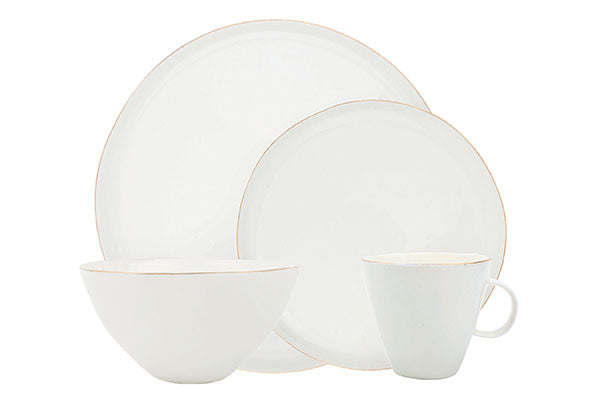 Abbesses Gold Rim Porcelain 4 Piece Dinnerware Set, Service For 1 Canvas Home 4 Piece Dinnerware Set, Abbesses, Abbesses Collection, Abbesses Gold Rim, Casual Dinnerware, Colored Rim Dinnerware, Dinnerware Set, Gold, Porcelain, Porcelain Dinnerware, Service For 1, White, White & Gold