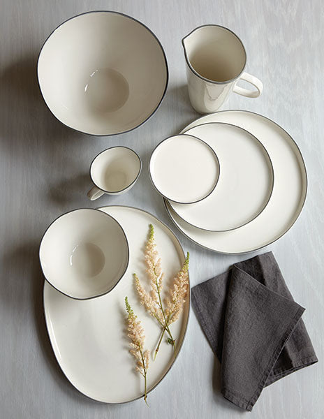 Abbesses Grey Rim Porcelain 16 Piece Dinnerware Set, Service For 4 Canvas Home 16 Piece Dinnerware Set, Abbesses, Abbesses Collection, Abbesses Grey Rim, Casual Dinnerware, Colored Rim, Colored Rim Dinnerware, Dinnerware Set, Grey, Grey Rim, Porcelain, Porcelain Dinnerware, Service For 4, White, White & Grey