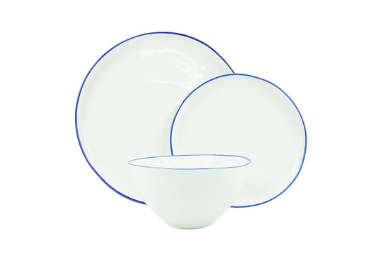 Abbesses Blue Rim Porcelain 3 Piece Dinnerware Set, Service For 1 Canvas Home 3 Piece Dinnerware Set, Abbesses, Abbesses Blue Rim, Abbesses Collection, Blue, Blue Rim, Casual Dinnerware, Colored Rim, Colored Rim Dinnerware, Dinnerware Set, Porcelain, Porcelain Dinnerware, White, White & Blue