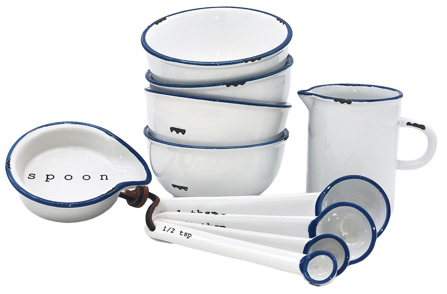 Tinware 7-Piece Prep Set- White w/ Blue Rim Canvas Home Creamer, measuring spoon, spoon rest, Tinware Collection