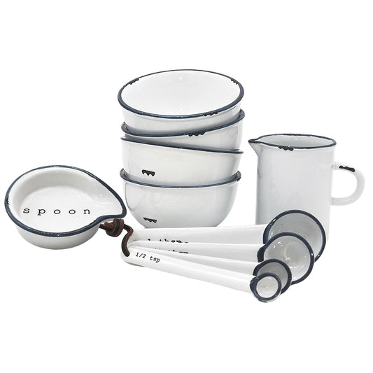 Tinware 7-Piece Prep Set- White w/ Slate Rim Canvas Home Creamer, measuring spoon, spoon rest, Tinware Collection