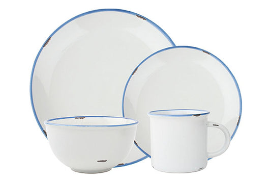 Tinware Blue Rim Stoneware 4 Piece Dinnerware Set, Service For 1 Canvas Home "contemporary dinnerware", canvas home, dinnerware, Enamel, Entertainment, Friends, Gift, Plates, related-tinware-plates, Summer, Tinware Collection, Vintage