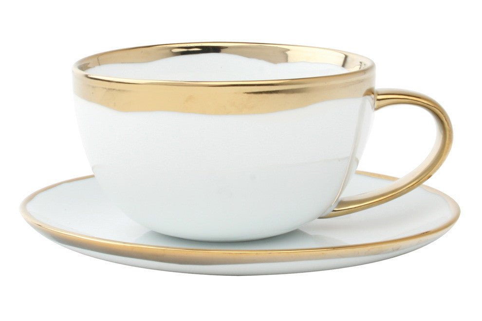 Dauville Gold Metallic Porcelain Cup & Saucer Canvas Home Coffee + Tea, Dauville, Dauville Collection, Dauville Gold Cup & Saucer, Dauville Gold Metallic, Dauville Porcelain Teacup, Gold, Gold Accent, Gold Metallic Porcelain Teacup, Gold Rim, Mugs + Cups, Porcelain, Porcelain Cup & Saucer, Porcelain Teacup, Teacup, White, White & Gold