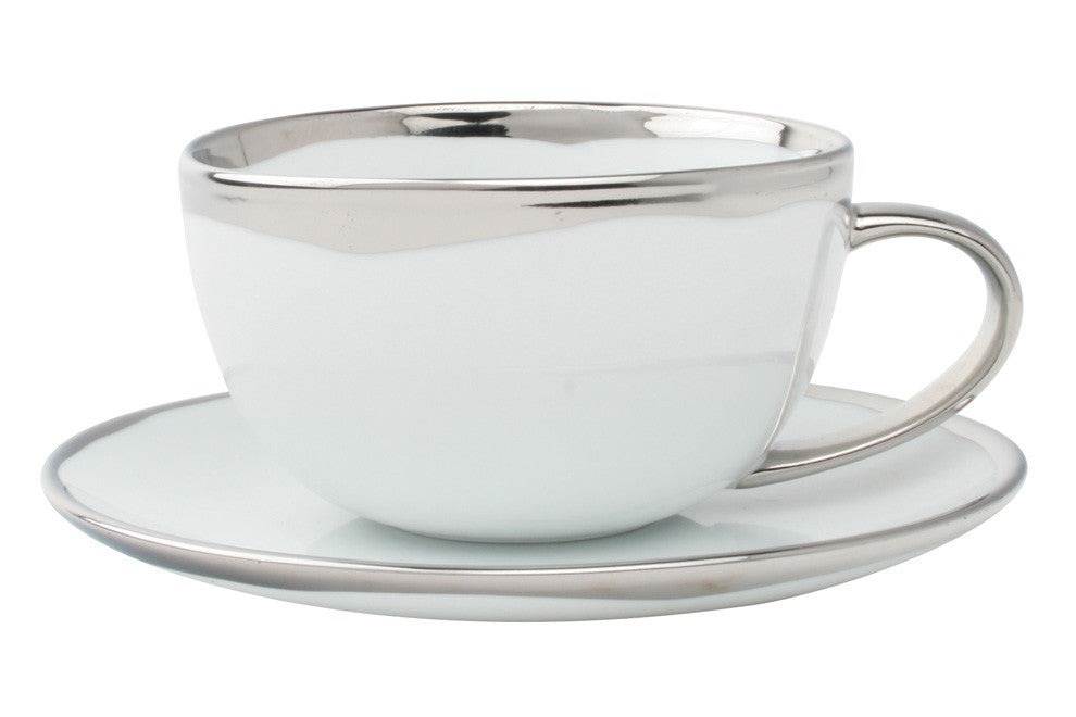 Dauville Platinum Metallic Porcelain Cup & Saucer Canvas Home Coffee + Tea, Dauville, Dauville Collection, Dauville Platinum Metallic, Dauville Porcelain Cup & Saucer, Dauville Porcelain Teacup, Mugs + Cups, Platinum, Platinum Metallic Porcelain Cup & Saucer, Platinum Metallic Porcelain Teacup, Porcelain, Porcelain Cup & Saucer, Porcelain Teacup, Silver, Silver Rim, Teacup, White, White & Silver, White Porcelain