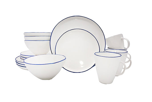 Abbesses Blue Rim Porcelain 16 Piece Dinnerware Set, Service For 4 Canvas Home 16 Piece Dinnerware Set, Abbesses, Abbesses Blue Rim, Abbesses Collection, Blue, Blue Rim, Casual Dinnerware, Colored Rim, Colored Rim Dinnerware, Dinnerware Set, dinnerware sets, Porcelain Dinnerware, White, White & Blue