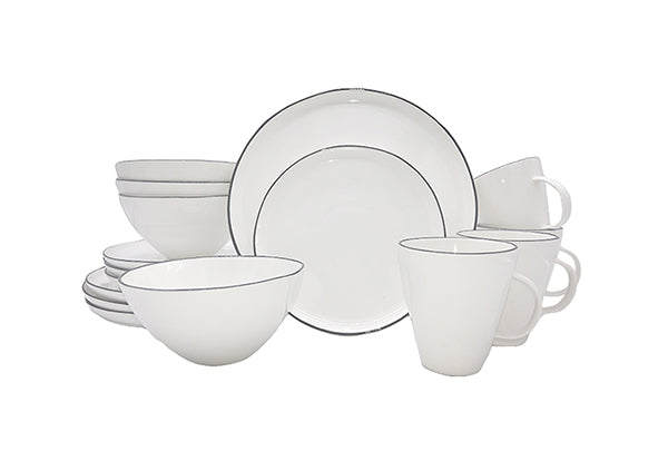 Abbesses Black Rim Porcelain 16 Piece Dinnerware Set, Service For 4 Canvas Home 16 Piece Dinnerware Set, Abbesses, Abbesses Black Rim, Abbesses Collection, Black, Black Rim, Casual Dinnerware, Colored Rim, Colored Rim Dinnerware, Dinnerware Set, dinnerware sets, Porcelain Dinnerware, Service For 4, White, White & Black