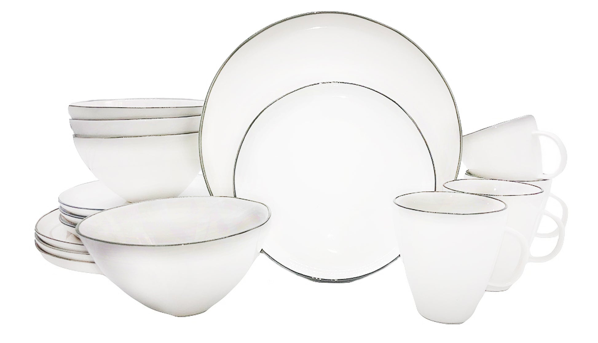 Abbesses Grey Rim Porcelain 16 Piece Dinnerware Set, Service For 4 Canvas Home 16 Piece Dinnerware Set, Abbesses, Abbesses Collection, Abbesses Grey Rim, Casual Dinnerware, Colored Rim, Colored Rim Dinnerware, Dinnerware Set, Grey, Grey Rim, Porcelain, Porcelain Dinnerware, Service For 4, White, White & Grey