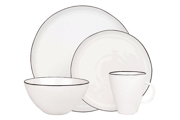 Abbesses Black Rim Porcelain 4 Piece Dinnerware Set, Service For 1 Canvas Home 4 Piece Dinnerware Set, Abbesses, Abbesses Black Rim, Abbesses Collection, Black, Casual Dinnerware, Colored Rim, Colored Rim Dinnerware, Dinnerware Set, Porcelain, Porcelain Dinnerware, Service For 1, White, White & Black