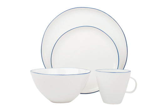 Abbesses Blue Rim Porcelain 4 Piece Dinnerware Set, Service For 1 Canvas Home 4 Piece Dinnerware Set, Abbesses, Abbesses Blue Rim, Abbesses Collection, Blue, Blue Rim, Casual Dinnerware, Colored Rim, Colored Rim Dinnerware, Dinnerware Set, Porcelain, Porcelain Dinnerware, Service For 1, White, White & Blue