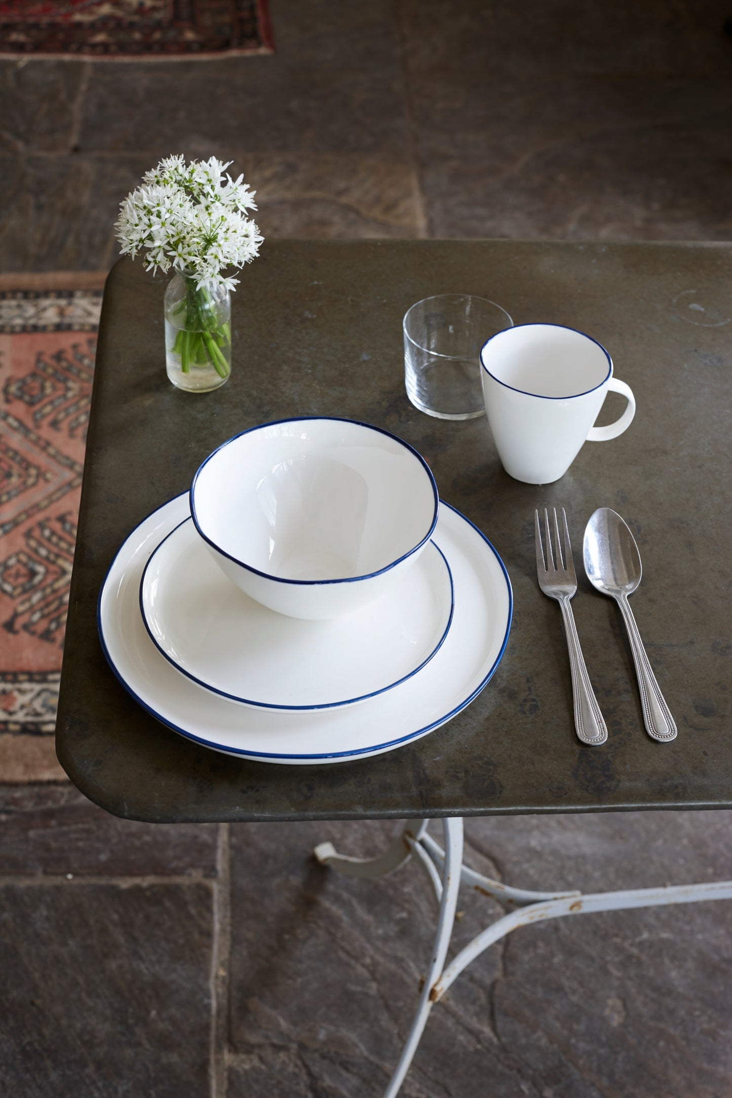 Abbesses Blue Rim Porcelain 4 Piece Dinnerware Set, Service For 1 Canvas Home 4 Piece Dinnerware Set, Abbesses, Abbesses Blue Rim, Abbesses Collection, Blue, Blue Rim, Casual Dinnerware, Colored Rim, Colored Rim Dinnerware, Dinnerware Set, Porcelain, Porcelain Dinnerware, Service For 1, White, White & Blue