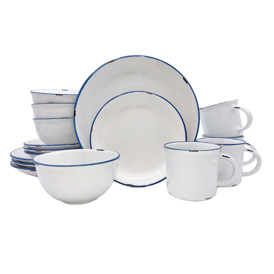 Tinware Blue Rim Stoneware 16 Piece Dinnerware Set, Service For 4 Canvas Home "contemporary dinnerware", Blue, canvas home, dinnerware, Enamel, Entertainment, Friends, Place Setting, Plates, related-tinware-plates, Summer, Tinware Collection, Vintage